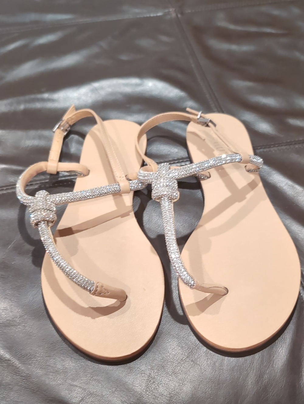 SCHUTZ Nude Beige Sandals with Silver Sparkle Straps